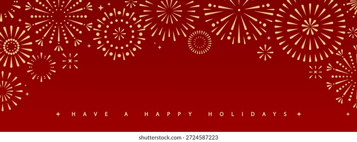 Conjunto de explosión de fuegos artificiales de oro de vacaciones aislado sobre fondo rojo. Celebración del Año Nuevo Chino. Festival o evento tradicional. Ilustración vectorial