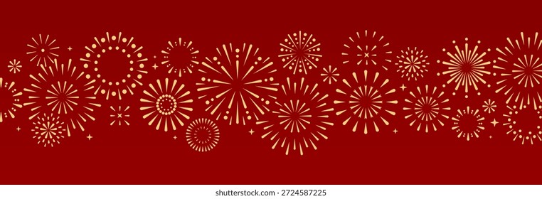Set von goldenem Feuerwerk im Urlaub Explosion einzeln auf rotem Hintergrund. Chinesische Neujahrsfeier. Traditionelles Festival oder Event. Vektorgrafik