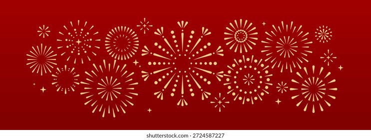 Set of holiday golden firework explosion isolated on red background. Chinese New Year celebration. Traditional festival or event. Vector illustration