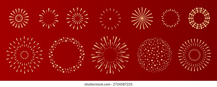 Conjunto de explosión de fuegos artificiales de oro de vacaciones aislado sobre fondo rojo. Celebración del Año Nuevo Chino. Festival o evento tradicional. Ilustración vectorial
