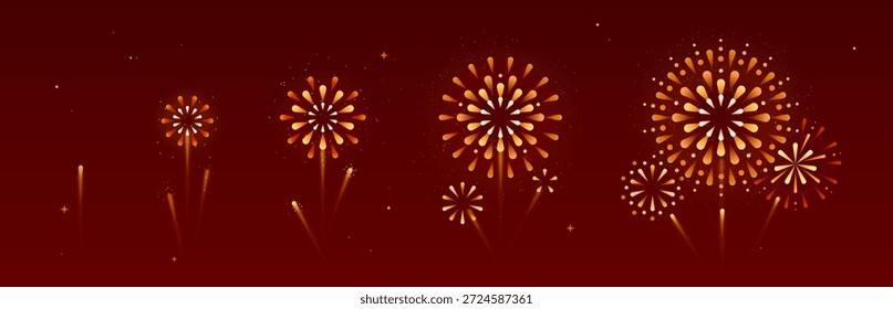 Conjunto de feriado dourado explosão fogo de artifício isolado no fundo vermelho. Dia da Independência, Ano Novo, festival tradicional ou celebração de evento. Ilustração vetorial