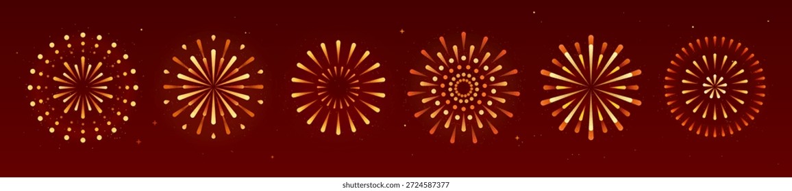Conjunto de feriado dourado explosão fogo de artifício isolado no fundo vermelho. Dia da Independência, Ano Novo, festival tradicional ou celebração de evento. Ilustração vetorial
