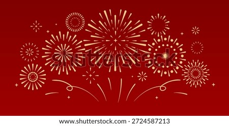 Set of holiday golden firework explosion isolated on red background. Chinese New Year celebration. Traditional festival or event. Vector illustration