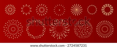 Set of holiday golden firework explosion isolated on red background. Chinese New Year celebration. Traditional festival or event. Vector illustration