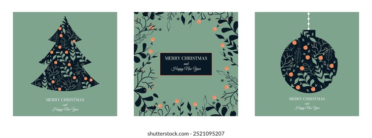 Conjunto de tarjeta de felicitación de vacaciones Feliz Año Nuevo y Feliz Navidades. Feriado chino. Plantas. Decoración y celebración. Navidad. Sencillos Elementos de moda y forma. Imagen brillante. Calendario Sparkle. Deseos