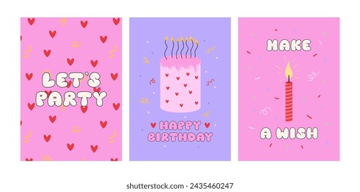 Set of holiday greeting cards with birthday cake, candle and lettering. Let's party, happy birthday and make a wish quotes. Vector flat illustration