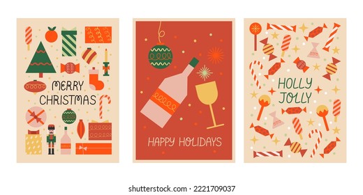 Set of holiday greeting cards with christmas ornaments, sweets, tree, champagne, glass and gift boxes. Vector flat illustration. Holly jolly and happy holidays lettering quotes