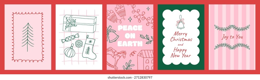 Conjunto de tarjetas de felicitación de vacaciones con Elementos de Navidades minimalistas dibujadas a mano, que incluyen árboles, regalos, medias, campanas y follaje festivo. Ilustración dibujada a mano en estilo de línea de boceto.