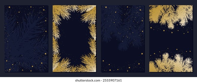 Set of holiday greeting cards, frame of coniferous branches of christmas tree, vertical background with copy space. Vector illustration