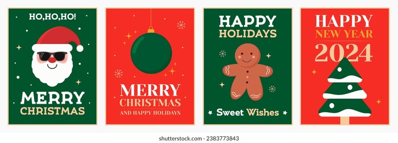 Set of holiday greeting cards. Merry Christmas and Happy New Year. Trendy collection of winter season holiday templates for posters, covers, backgrounds, banners. Vector illustration.
