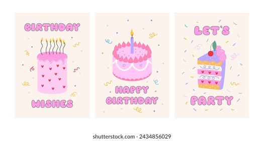 Set of holiday greeting cards with pink birthday cakes, candle and lettering quotes. Let's party, happy birthday and birthday wishes phrases. Vector flat illustration