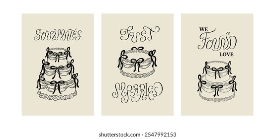 Conjunto de tarjetas de felicitación de vacaciones con pasteles de boda con arcos. Vector ilustración plana de pasteles y citas de caligrafía dibujadas a mano. Acabamos de casarnos, almas gemelas y encontramos letras de amor