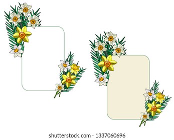 Set of holiday greeting frames with narcissus flowers. Yellow and white flowers. Objects on a white background.