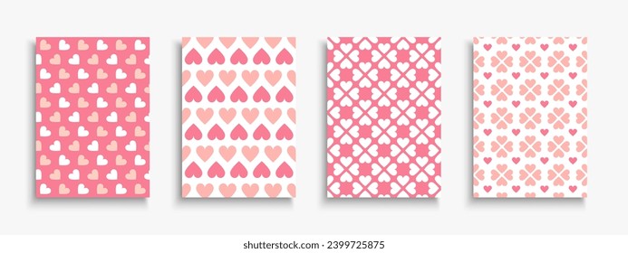 Set of holiday greeting postcards, posters, invitation with cute hearts print. Stylish covers, templates, placards, brochures, banners, flyers - 14 February romantic patterns for Valentine day.