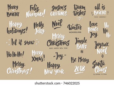 Set of holiday greeting quotes and wishes. Hand drawn text, brush lettering. Merry Christmas, Happy New year, Happy Holidays etc. Great for cards, gift tags and labels, photo overlays, party posters.