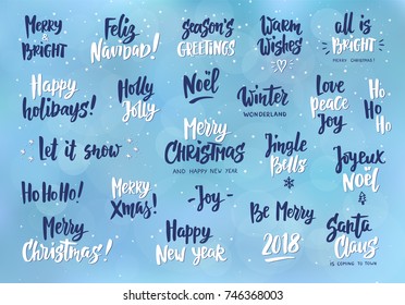 Set of holiday greeting quotes and wishes. Hand drawn text, brush lettering. Merry Christmas, Happy New year, Happy Holidays etc. Great for cards, gift tags and labels, photo overlays, party posters.