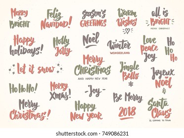 Set of holiday greeting quotes and wishes. Hand drawn text, brush lettering. Merry Christmas, Happy New year, Happy Holidays etc. Great for cards, gift tags and labels, photo overlays, party posters.