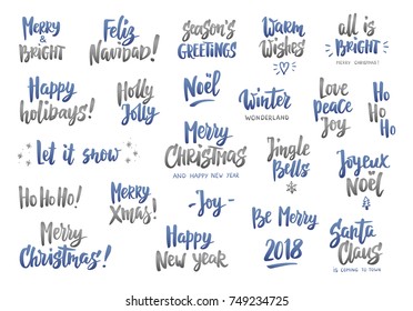 Set of holiday greeting quotes and wishes. Hand drawn text, brush lettering. Merry Christmas, Happy New year, Happy Holidays etc. Great for cards, gift tags and labels, photo overlays, party posters.