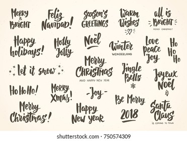 Set of holiday greeting quotes and wishes. Hand drawn text, brush lettering. Merry Christmas, Happy New year, Happy Holidays etc. Great for cards, gift tags and labels, photo overlays, party posters.