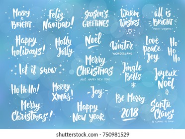 Set of holiday greeting quotes and wishes. Hand drawn text, brush lettering. Merry Christmas, Happy New year, Happy Holidays etc. Great for cards, gift tags and labels, photo overlays, party posters.