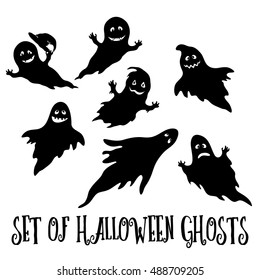 Set for Holiday Halloween Design, Flying Ghosts, Cartoon Character with Different Emotions, Black Silhouettes Isolated on White Background. Vector