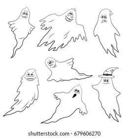 Set for Holiday Halloween Design, Flying Ghosts, Cartoon Character with Different Emotions, Black Contours Isolated on White Background. Vector