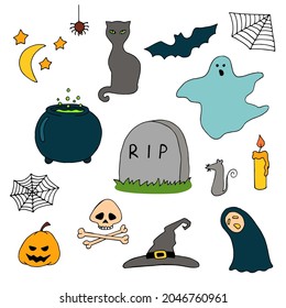 Set for the holiday Halloween. Ghost, tombstone, skull and bones, spider web, black cat, pumpkin, spider, candle, witch hat, vat of magic potion. Vector. Doodle. Hand-drawn illustration.