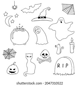 Set for the holiday Halloween. Ghost, tombstone, skull and bones, spider web, pumpkin, spider, candle, witch hat, vat of magic potion. Doodle. Silhouette. Black and white outline. Coloring.