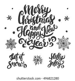 Set of holiday hand drawn lettering and snowflakes