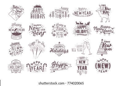 Set of holiday Happy New 2018 Year handwritten lettering decorated with hand drawn traditional festive attributes - fir tree, champagne, gift, light garland, baubles. Monochrome vector illustration.