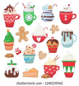 Set with holiday hot drink and dessert. Collection with funny cups. Cacao, tea, coffee, milk, cookie, candy. Vector illustration