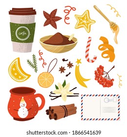 Set with holiday hot drink and dessert. Collection with funny cups.