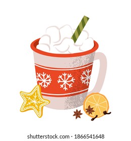 Set with holiday hot drink and dessert. Collection with funny cups.