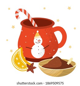 Set with holiday hot drink and dessert. Collection with funny cups.