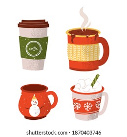 Set with holiday hot drink and dessert. Collection with funny cups.