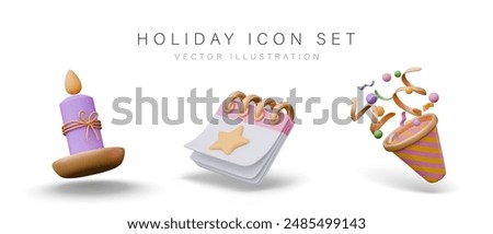 Set of holiday icons in 3D style. Decorative candle, calendar with golden star, cracker