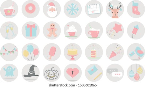Set of holiday icons - birthday, new year, Christmas, Halloween, Easter. Vector illustration