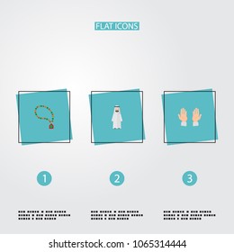 Set of holiday icons flat style symbols with prayer hands, rosary islam, muslim male icons for your web mobile app logo design.
