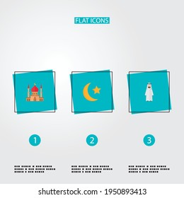 Set von Feiertagssymbolen mit flachen Symbolen mit Rmadanmond, Moschee, Moschee, Moschee und anderen Symbolen für Ihr Web-Mobile App Logo.
