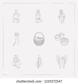 Set of holiday icons line style symbols with candies basket, cupcake, chewbacca icons for your web mobile app logo design.