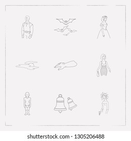 Set of holiday icons line style symbols with flying bats, medusa, bell and other icons for your web mobile app logo design.