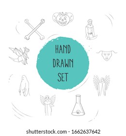Set of holiday icons line style symbols with pumpkin decoration, crossed bones, death angel and other icons for your web mobile app logo design.