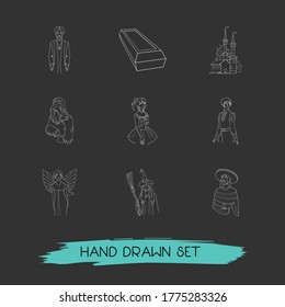 Set of holiday icons line style symbols with coffin, halloween castle, manga and other icons for your web mobile app logo design.