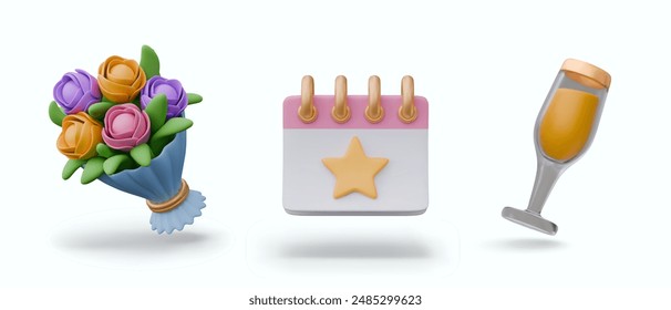 Set of holiday icons in realistic style. Bouquet, calendar with golden star, glass of champagne