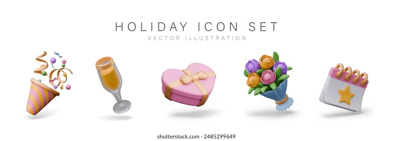 Set of holiday icons in realistic style. Isolated templates on white background