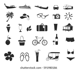 Set of holiday icons signs. Black and white Travel and holiday, summer icons vector. 