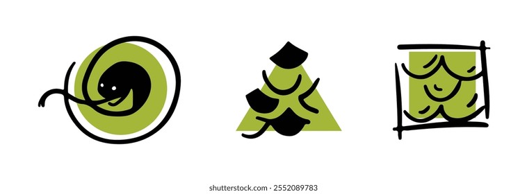 Set of holiday icons. Stylization of a Christmas tree. Element of a spruce. Snake scales in the style of cartoon graphics. Head of a snake with a forked tongue. Logo templates. Simple shapes.