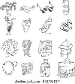 Un conjunto de iconos de vacaciones adecuados para cualquier recreación, contenido al aire libre y playa con estilo de dibujos animados de doodle