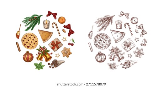 Conjunto de ilustraciones de vacaciones en diseño circular: pasteles, dulces, regalos, decoraciones, dibujado a mano en estilo de boceto vintage. Incluye versiones a todo color y monocromáticas. Perfecto para proyectos de diseño festivo.