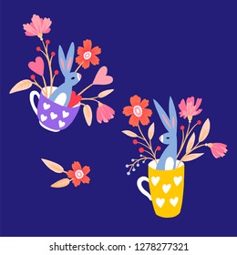 Set of holiday illustrations. Cute bunny in a cup. Rabbit in a mug with flowers and hearts. Hare with a bouquet of flowers. Greeting card. Great for Easter and Valentine's Day.